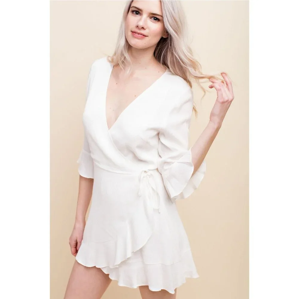 Honey Punch Ruffle Wrap Romper, White - Picture 1 of 4